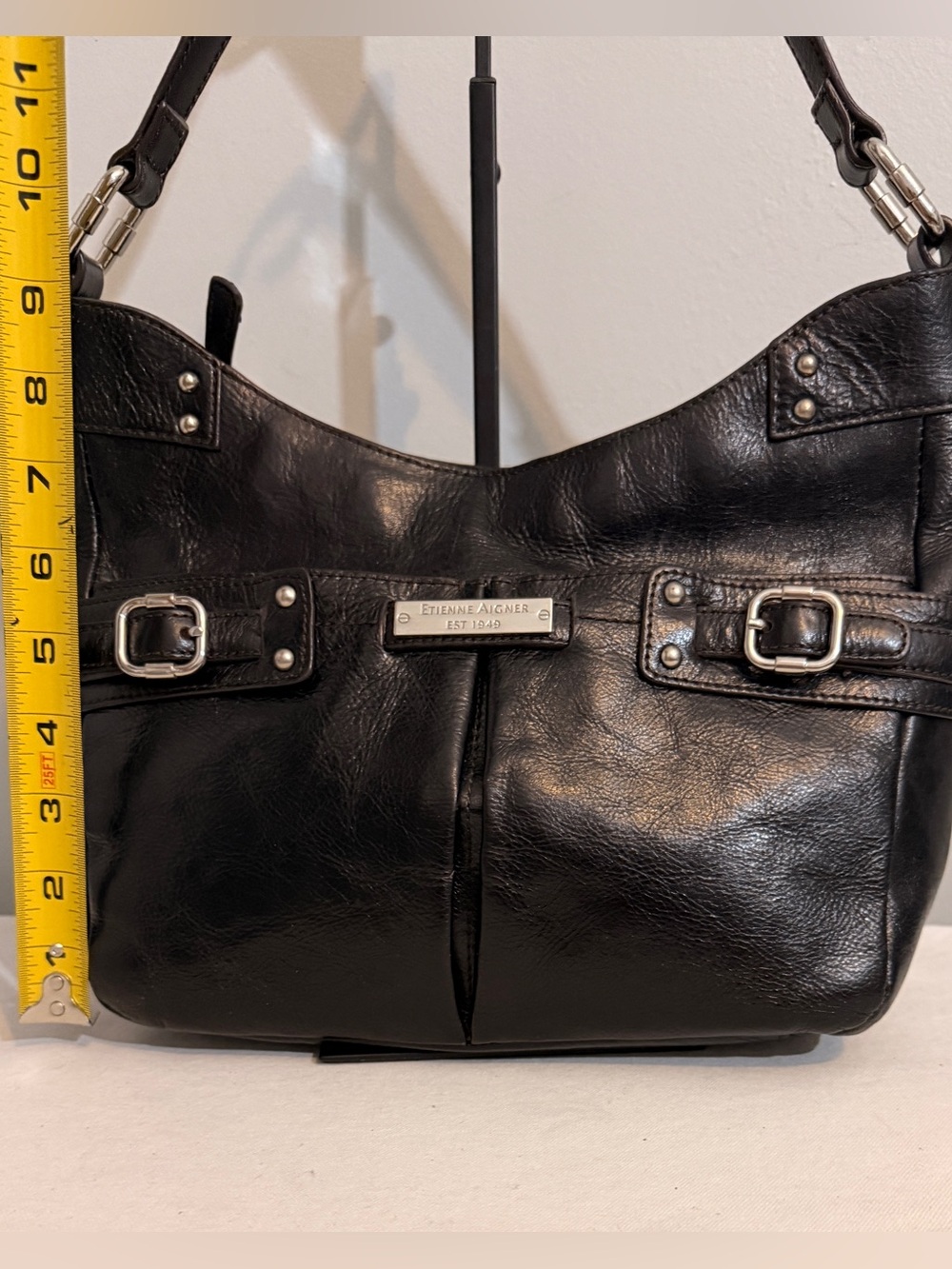 Etienne Aigner Black Leather Hobo Shoulder Bag Buckle Accents Y2K - Picture 14 of 16